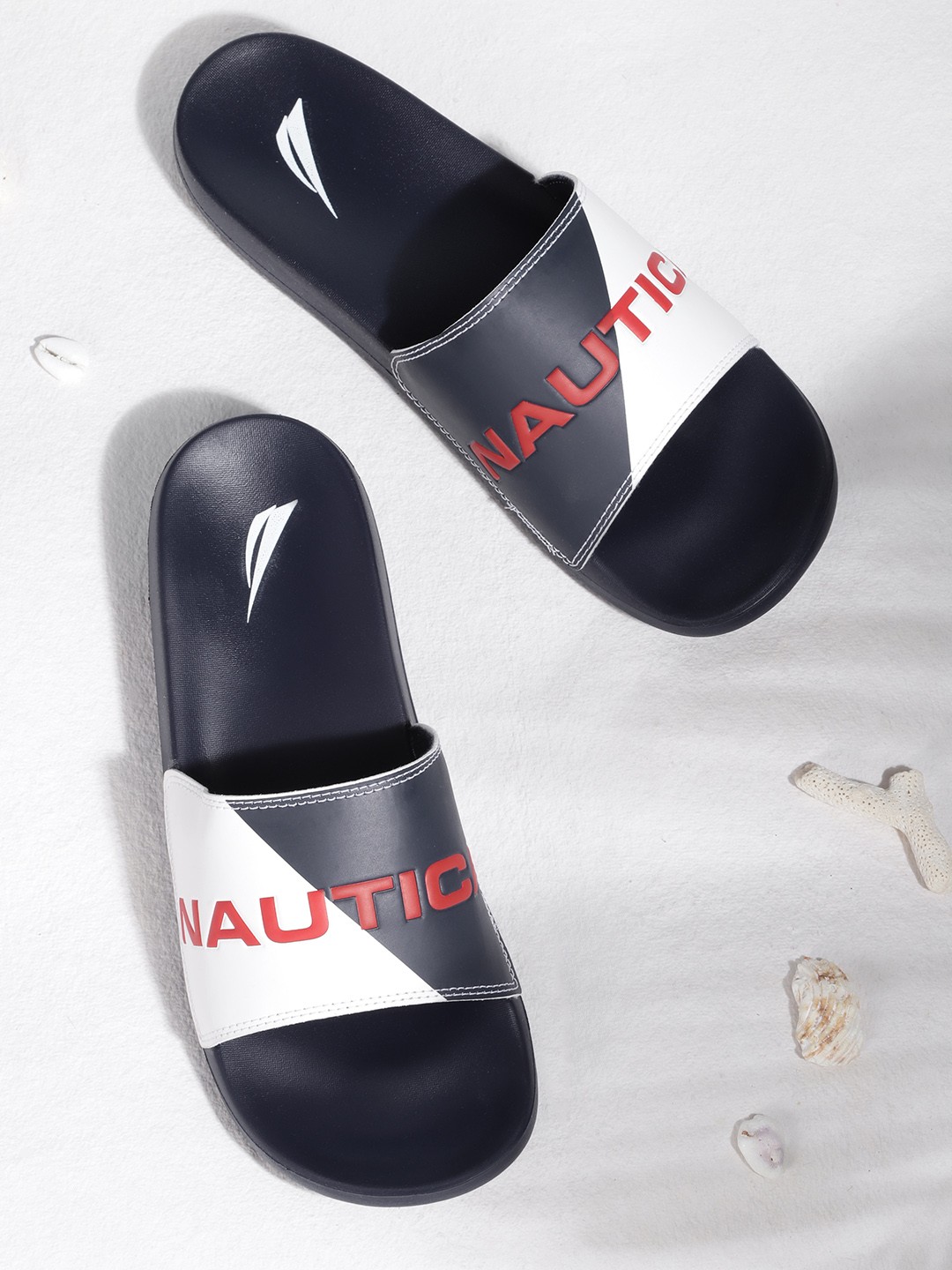 

Nautica Men White & Navy Blue Colourblocked Sliders