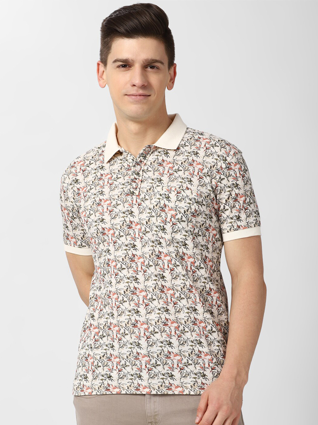 

Peter England Casuals Men Beige Floral Printed Polo Collar Slim Fit T-shirt