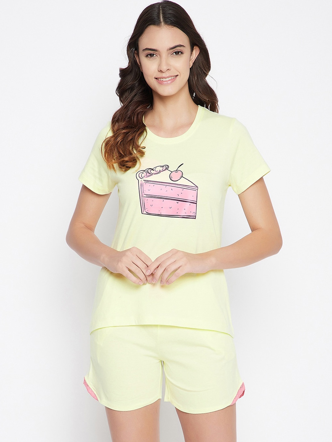 

Clovia Women Yellow Graphic Printed Top & Basic Shorts Set