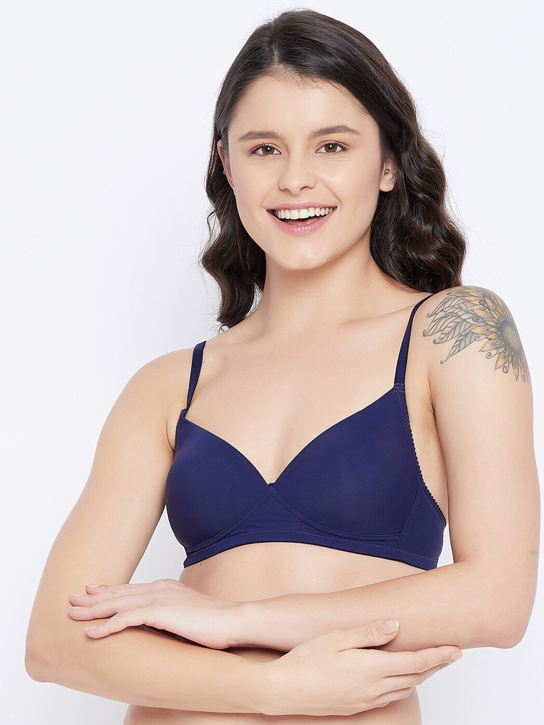 

Clovia Padded Non-Wired Demi Cup T-shirt Bra with Plunging Neckline, Navy blue