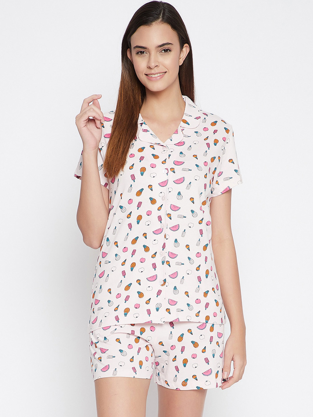 

Clovia Women Pink & White Printed Button Down Shirt & Shorts Set