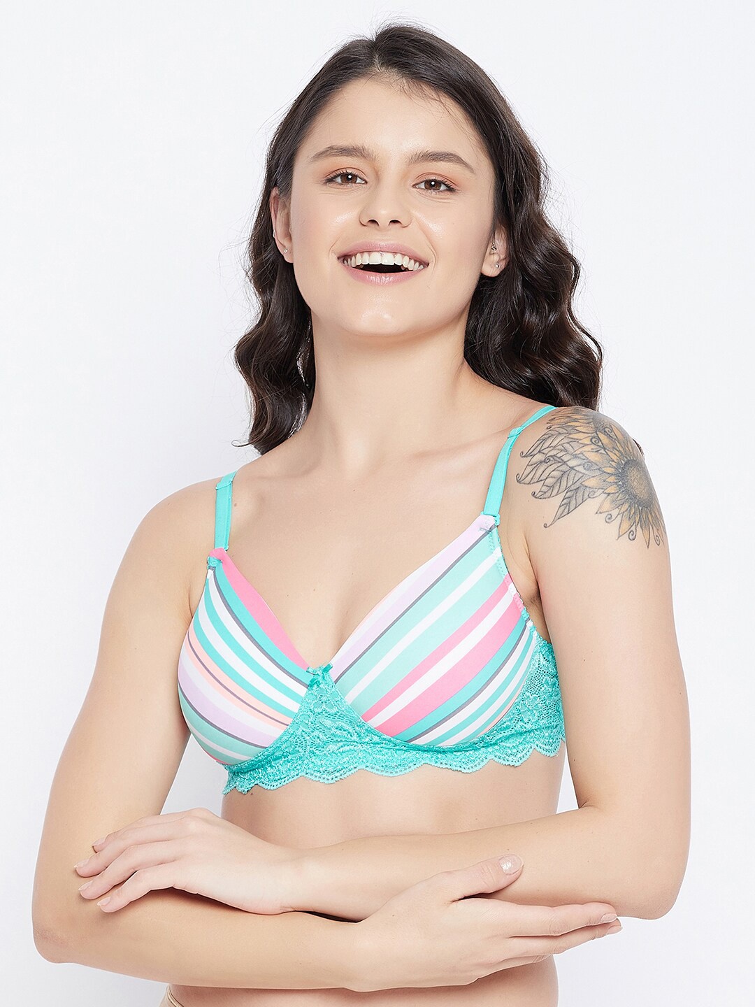 

Clovia Women Multicolored Striped Non Wired Full Coverage T-shirt Bra, Multi
