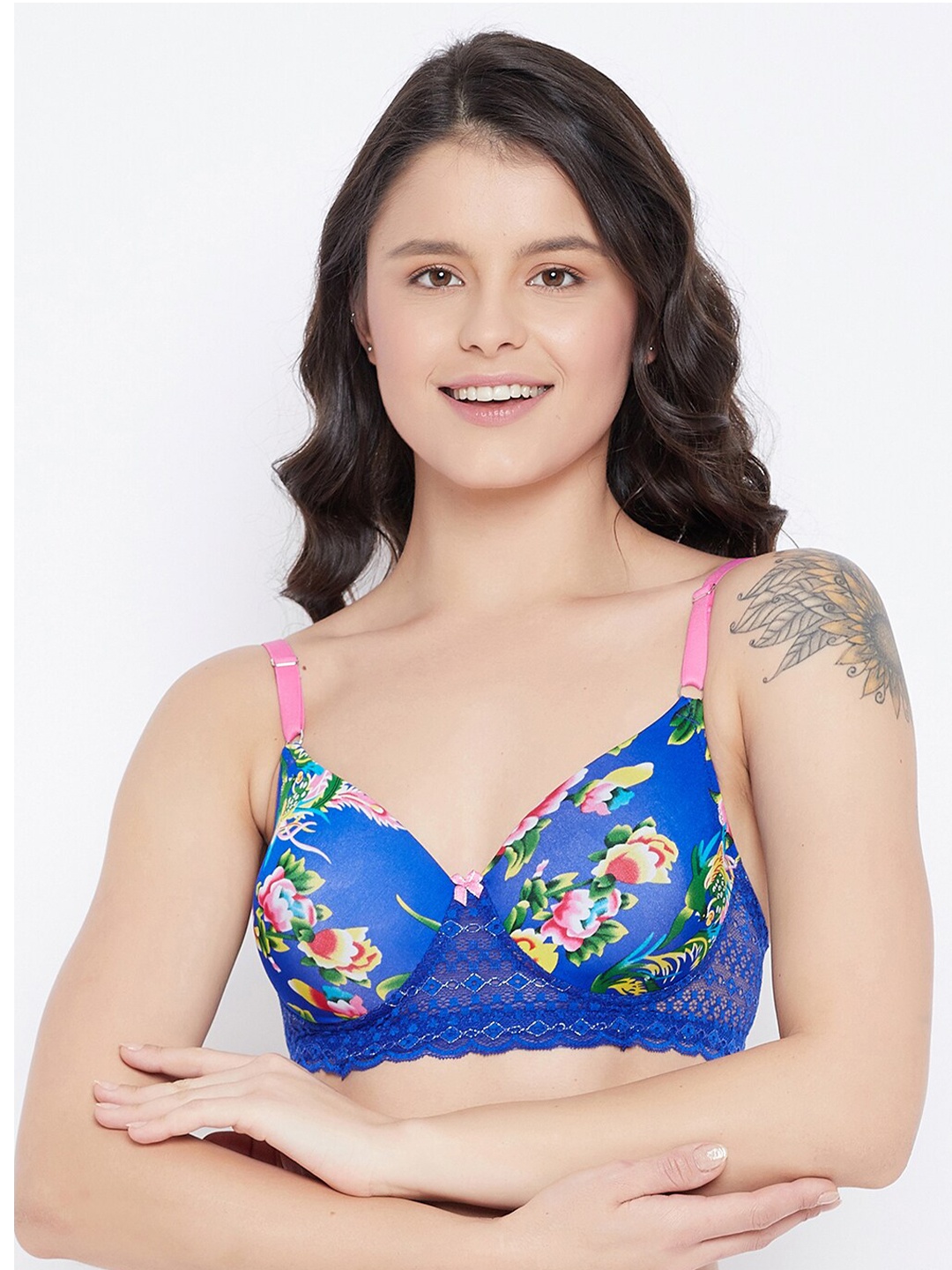 

Clovia Blue & Pink Floral Heavily Padded T-shirt Bra