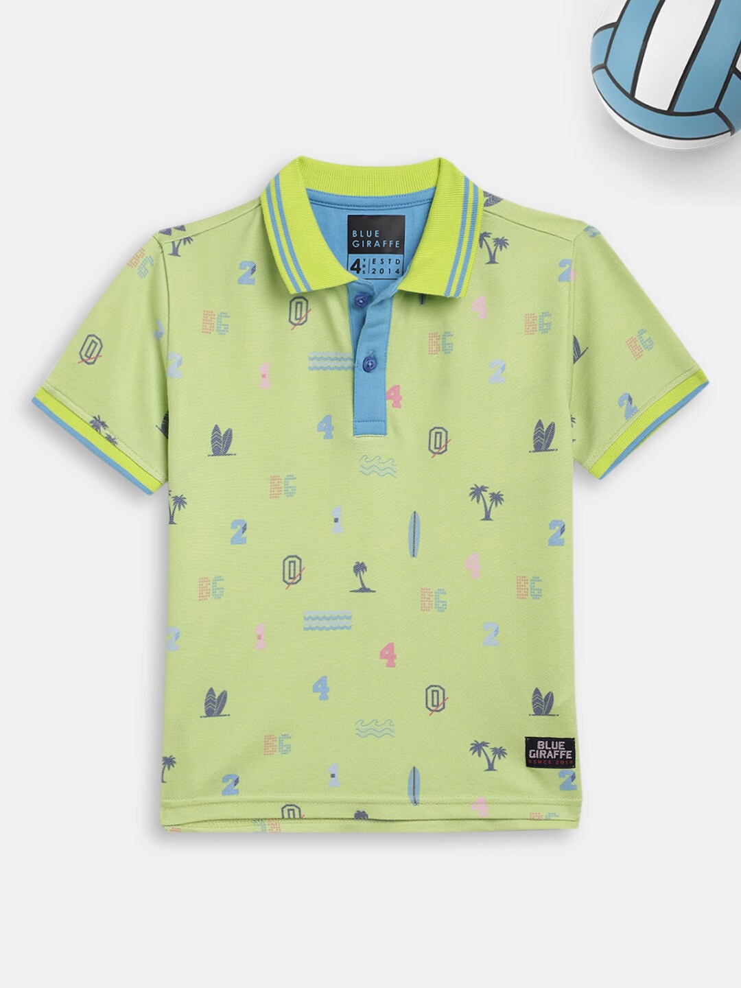 

Blue Giraffe Boys Green & Blue Printed Polo Collar Cotton T-shirt