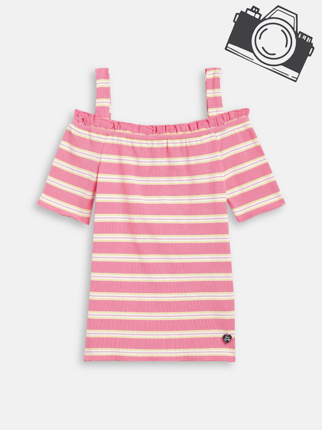 

Blue Giraffe Pink & Cream-Coloured Striped Off-Shoulder Bardot Top