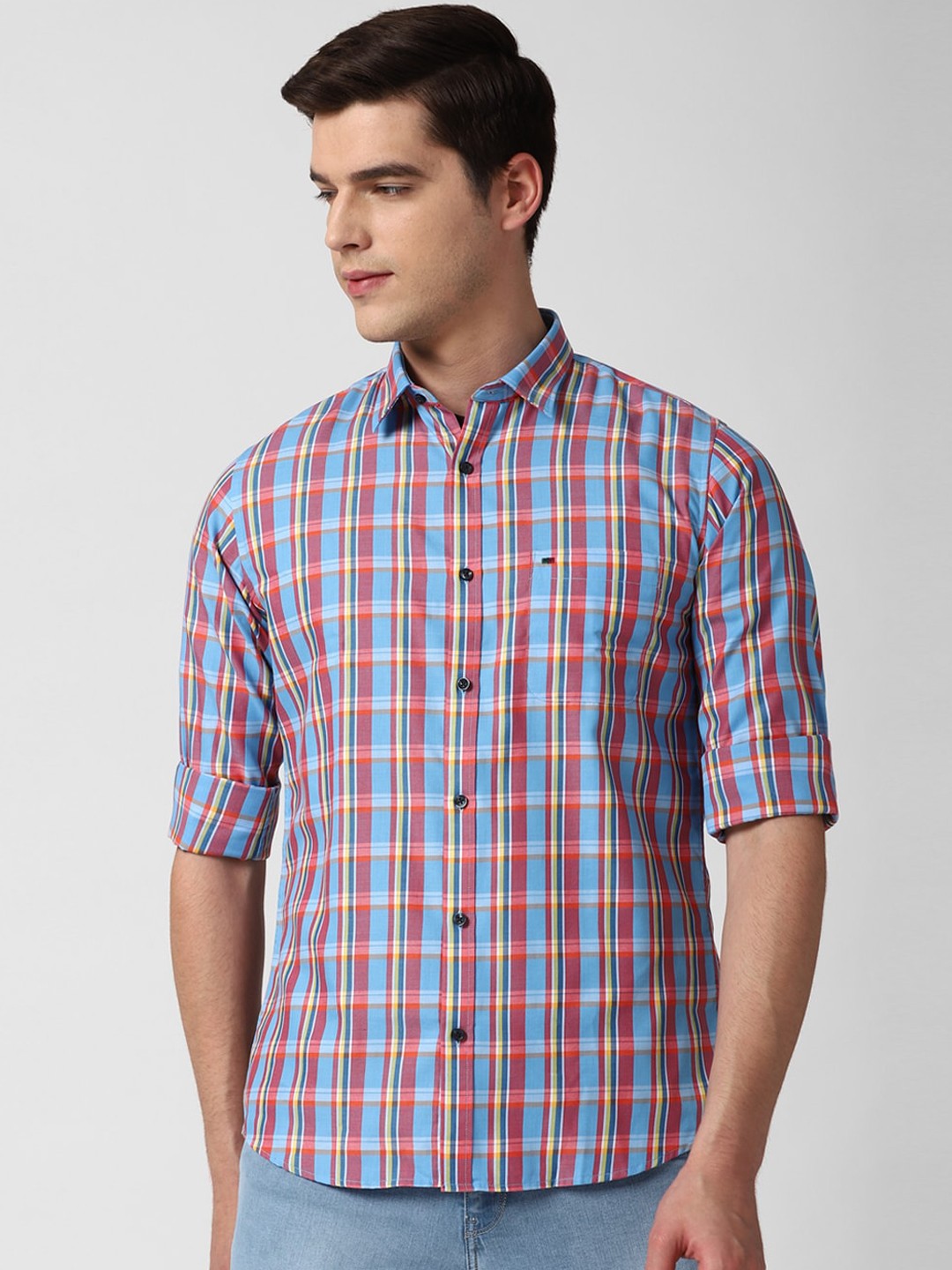 

Peter England Casuals Men Blue & Red Slim Fit Opaque Checked Casual Shirt