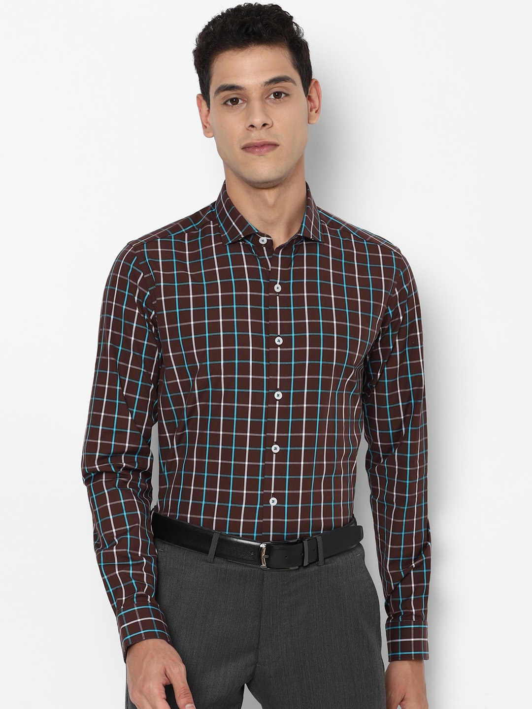 

SIMON CARTER LONDON Men Brown & Blue Slim Fit Checked Opaque Pure Cotton Formal Shirt