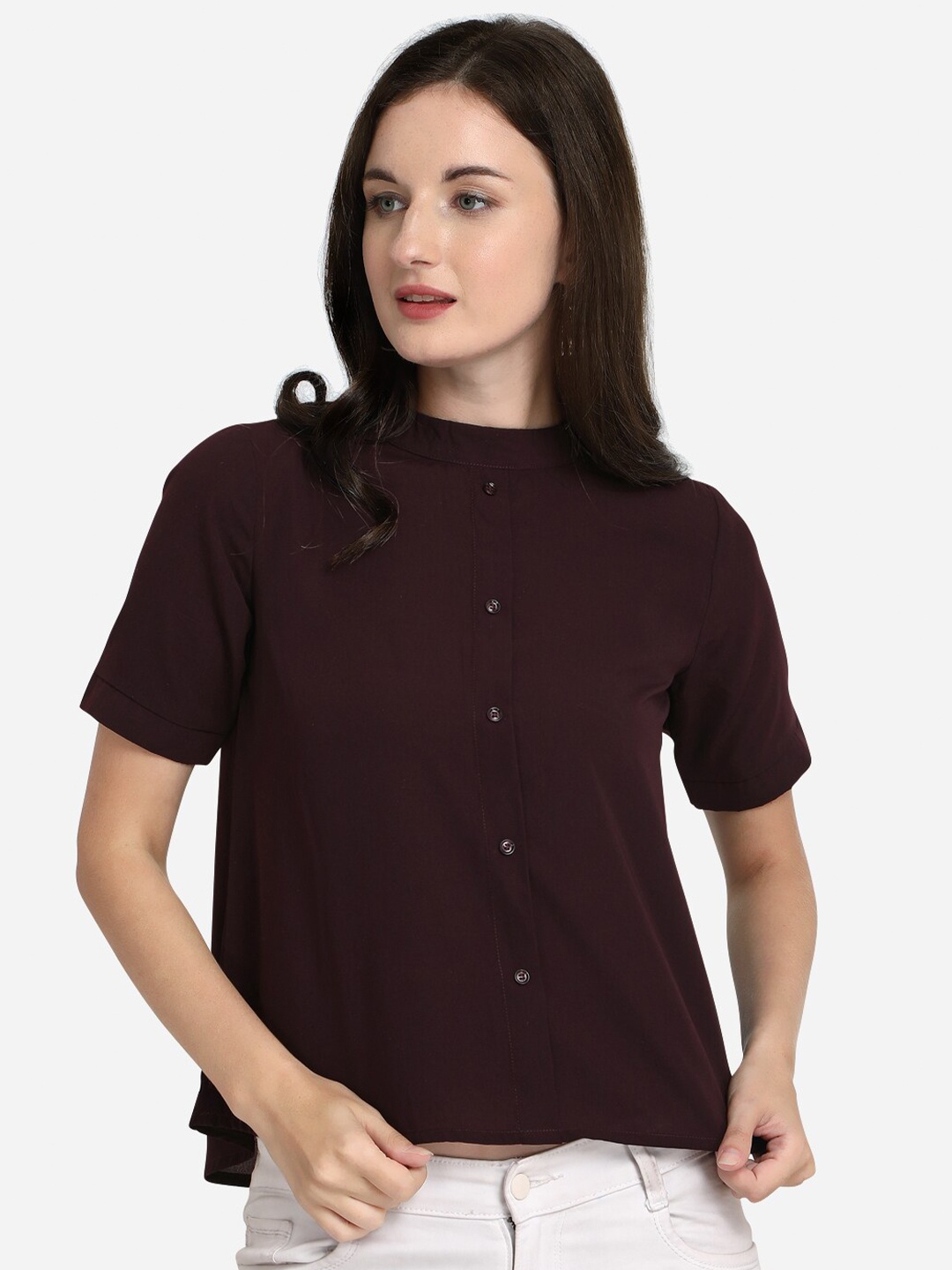 

Fbella Maroon Mandarin Collar Shirt Style Top