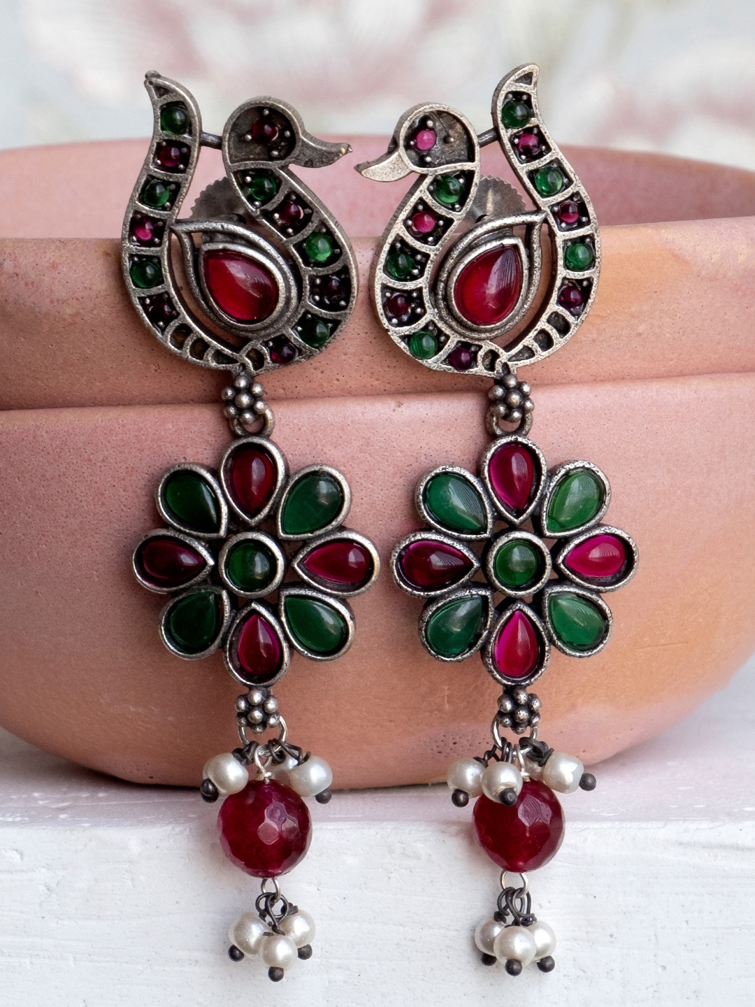 

Infuzze Pink & Green Peacock Shaped Drop Earrings