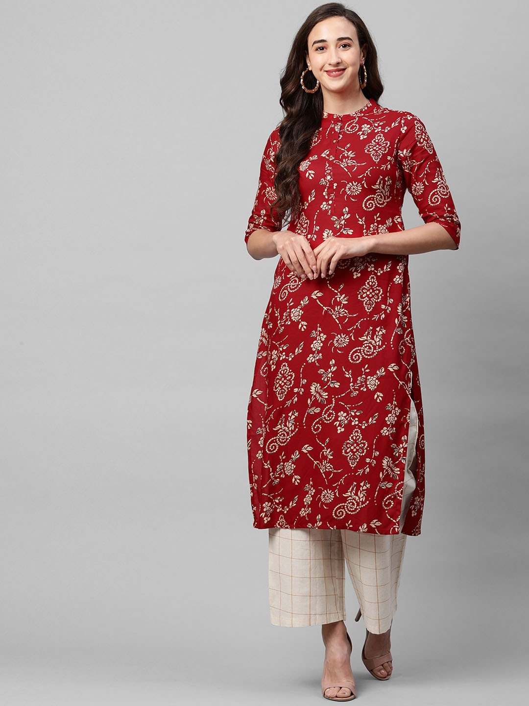 

FASHOR Women Red & Beige Ethnic Motifs Screen Printed Kurta