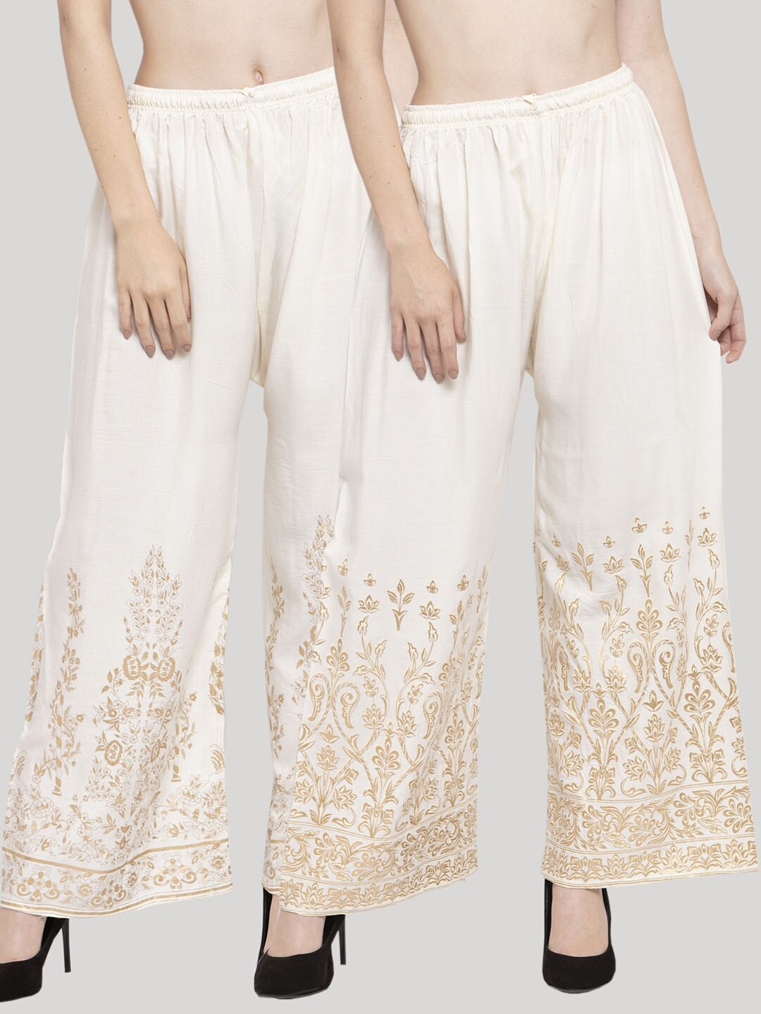 

Clora Creation Women Pack Of 2 White & Gold-Toned Floral Printed Knitted Palazzos