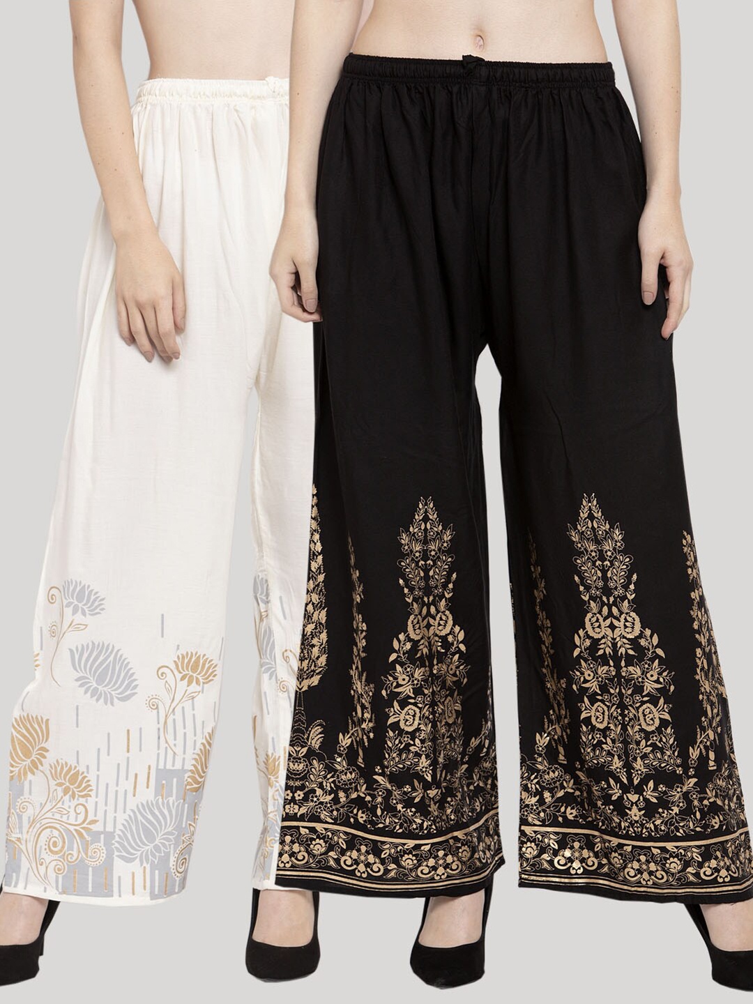 

Clora Creation Pack of 2 Women Cream & Black Ethnic Motifs Printed Knitted Palazzos