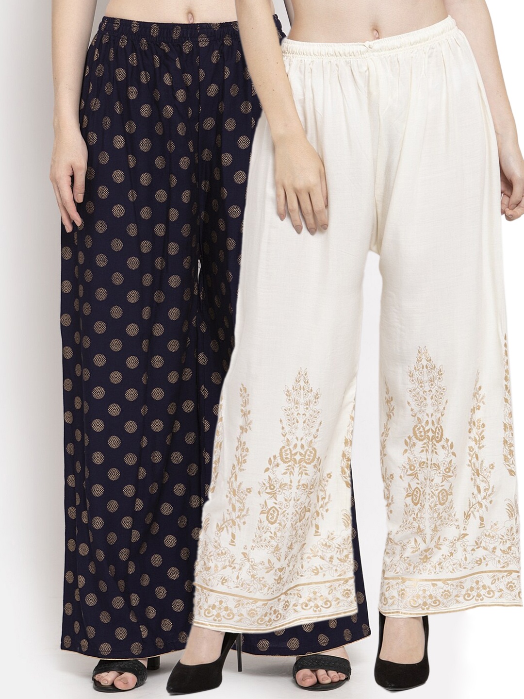 

Clora Creation Pack of 2 Women Cream & Navy Blue 2 Ethnic Motifs Printed Knitted Palazzos