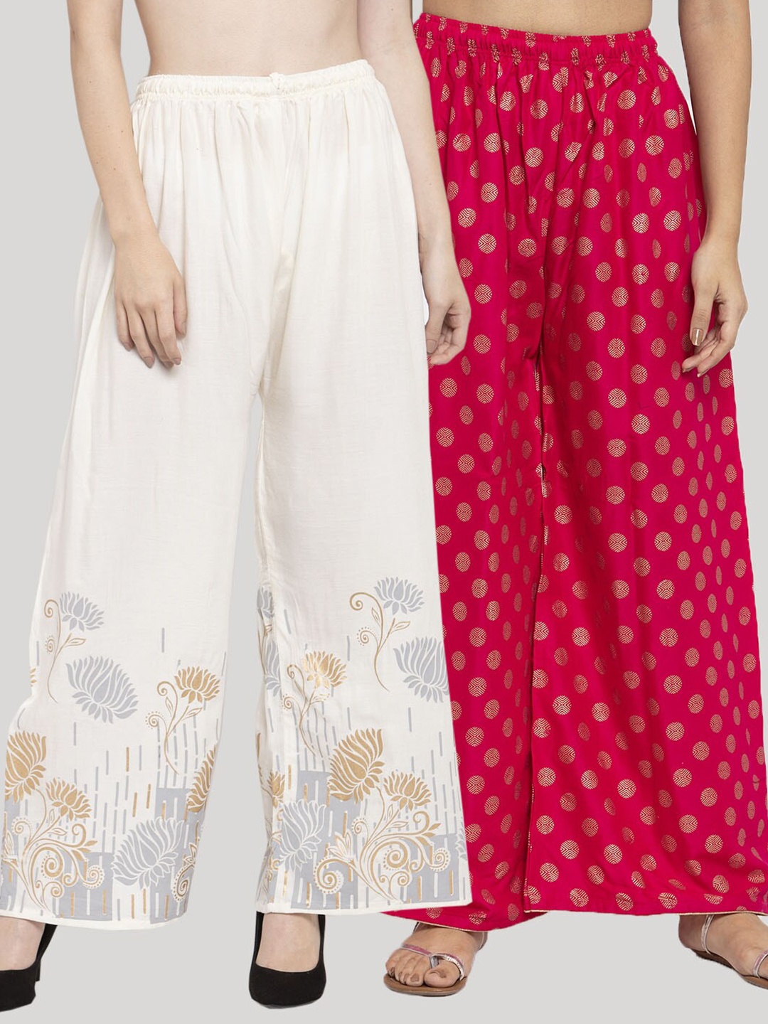 

Clora Creation Pack of 2 Women White & Pink Ethnic Motifs Printed Knitted Palazzos
