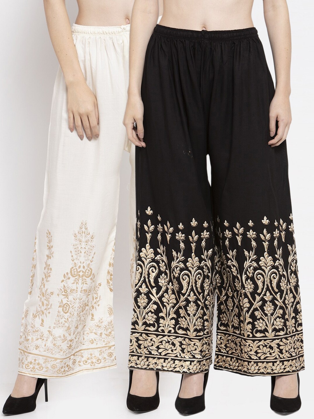 

Clora Creation Pack of 2 Women White & Black Floral Printed Knitted Palazzos
