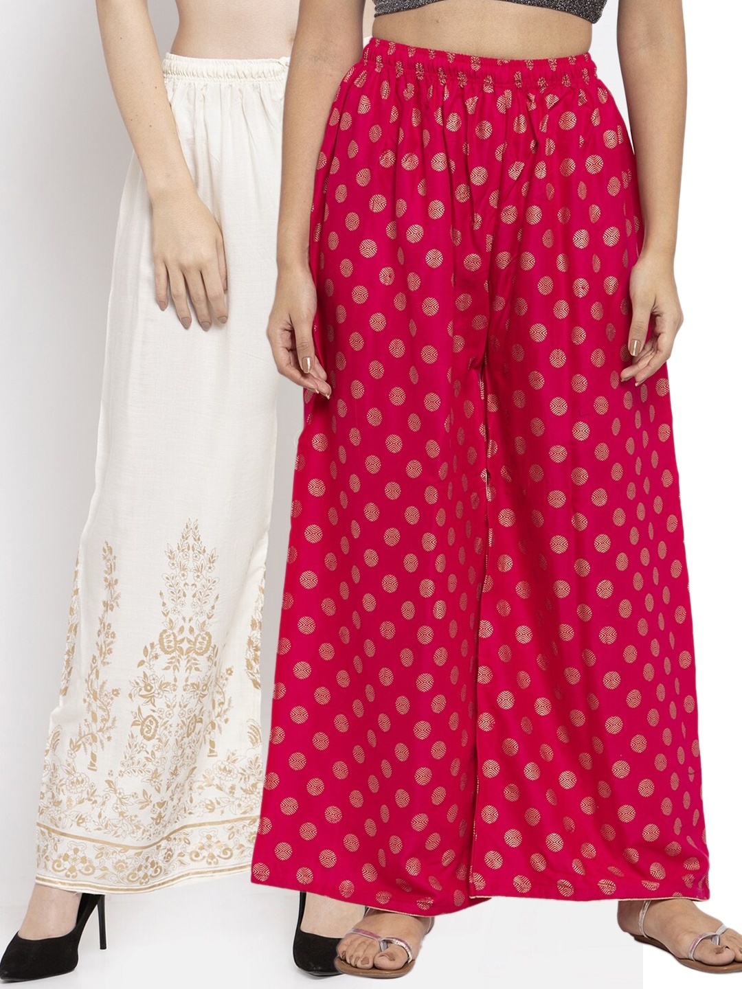 

Clora Creation Pack of 2 Women White & Pink Ethnic Motifs Printed Knitted Palazzos