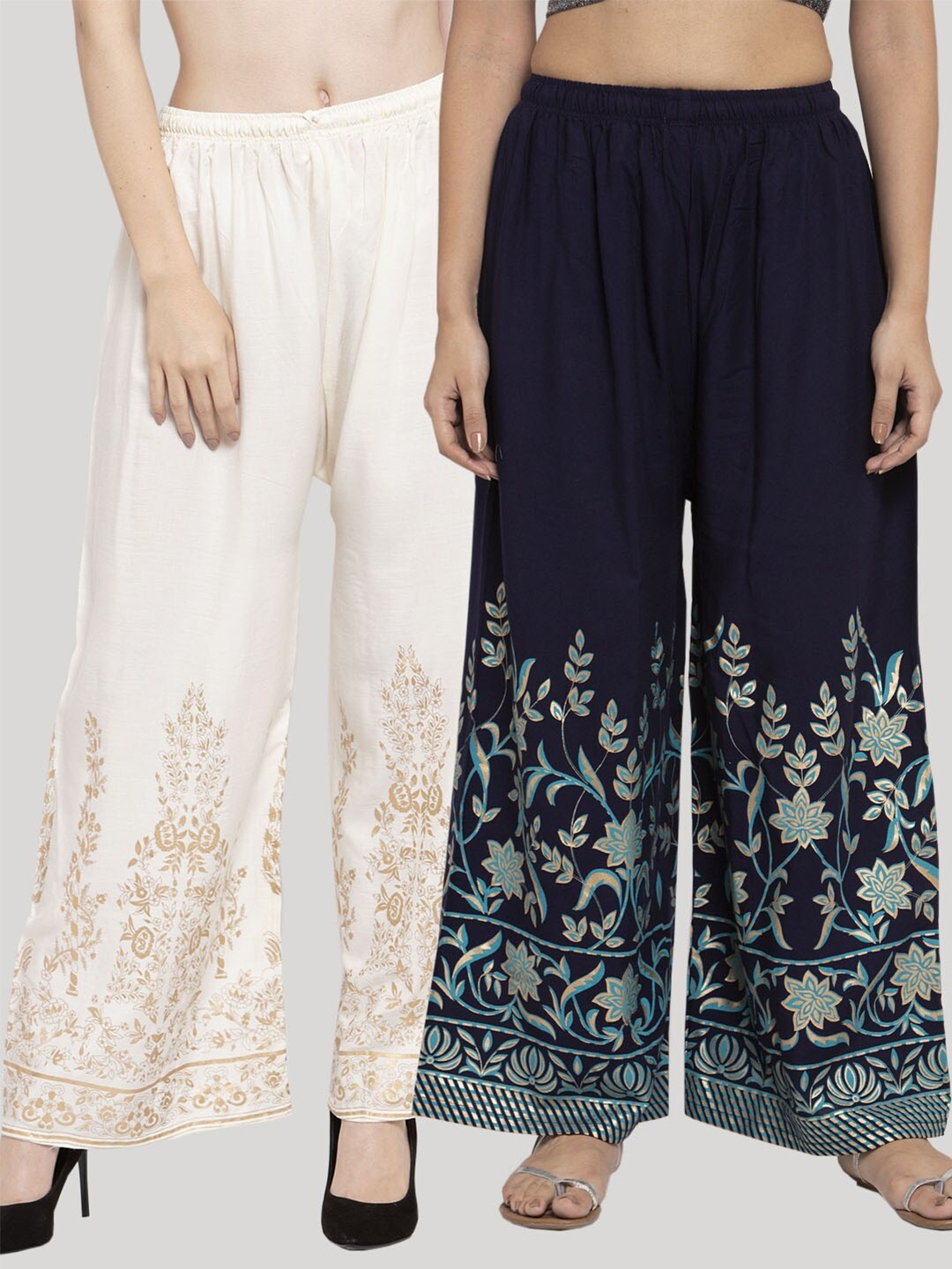 

Clora Creation Pack of 2 Women White & Navy Blue Ethnic Motifs Printed Knitted Palazzos