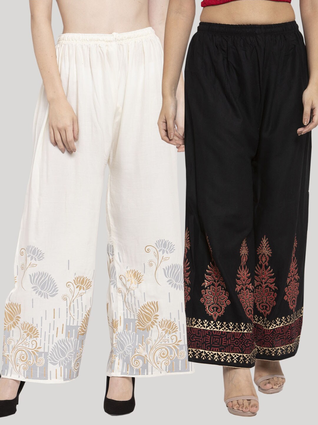 

Clora Creation Pack of 2 Women Cream & Black Ethnic Motifs Printed Knitted Palazzos