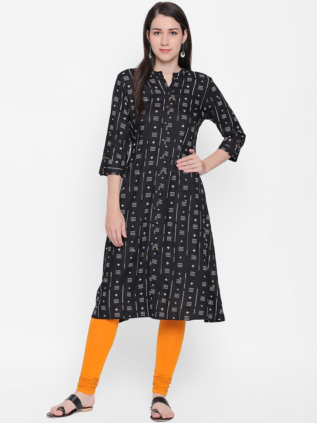 

RANGMANCH BY PANTALOONS Women Black & White Geometric Printed Straight Kurta