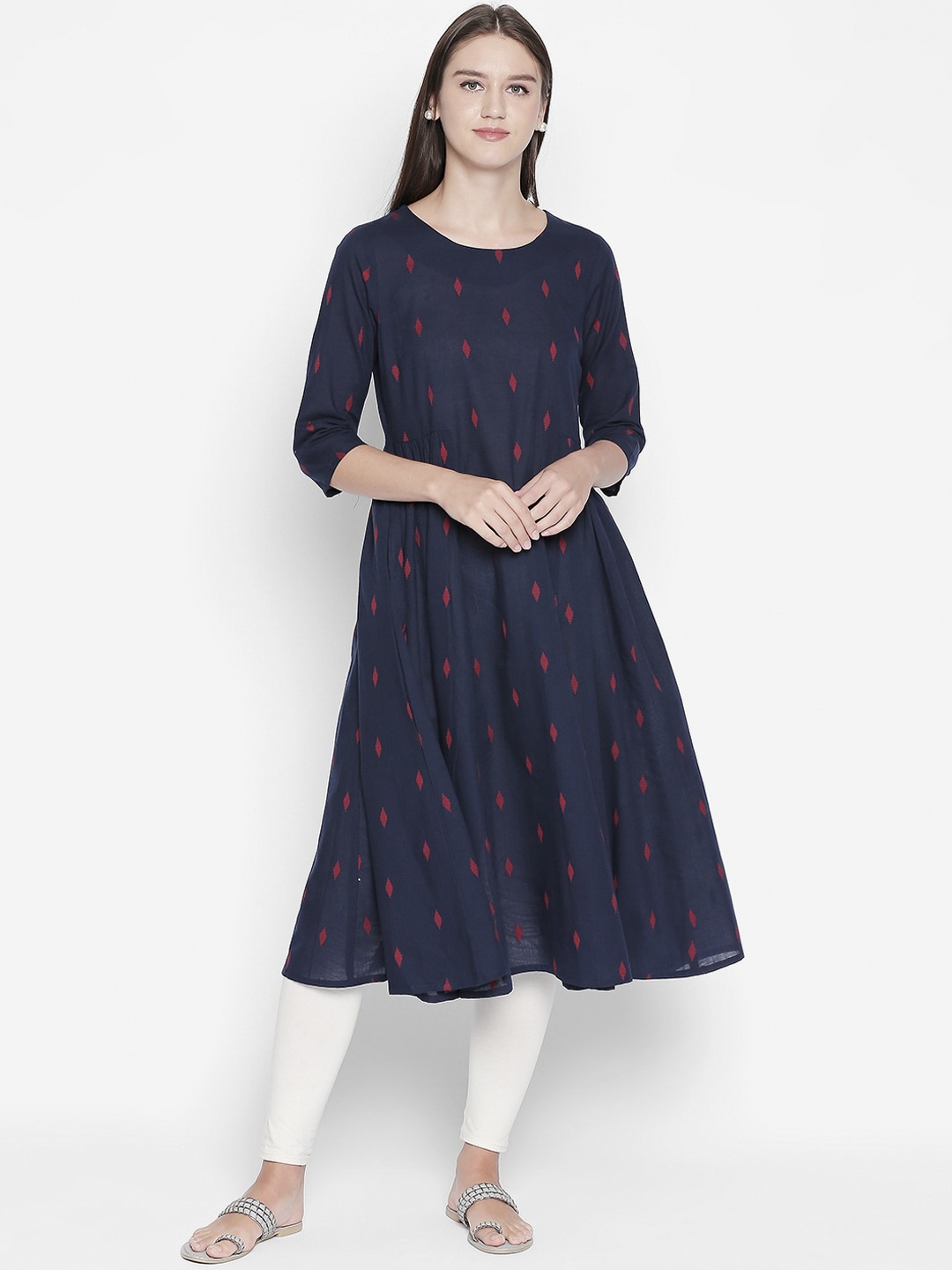 

RANGMANCH BY PANTALOONS Women Blue Geometric Pure Cotton Anarkali Kurta