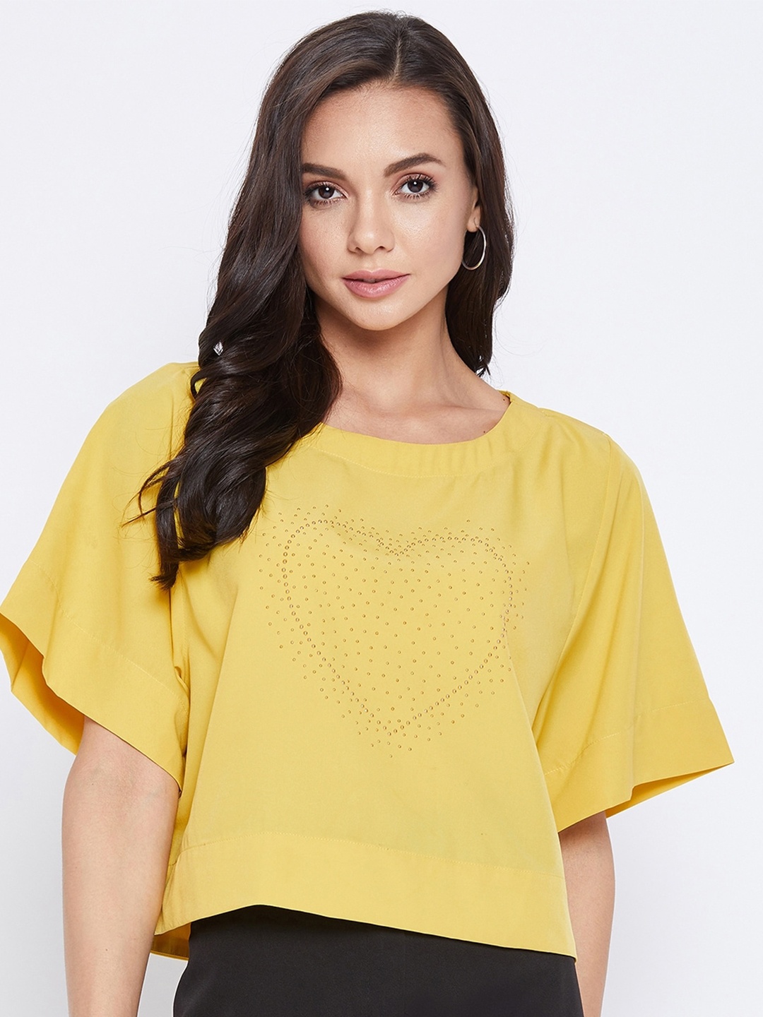 

Ruhaans Women Yellow & Gold-Toned Embellished Crepe Boxy Crop Top