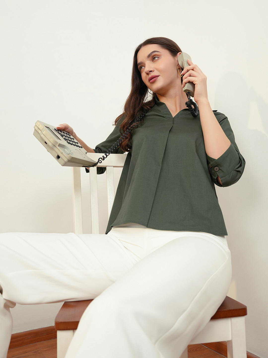FABLE STREET Women Olive Green High-Low Top With Pleat Detail