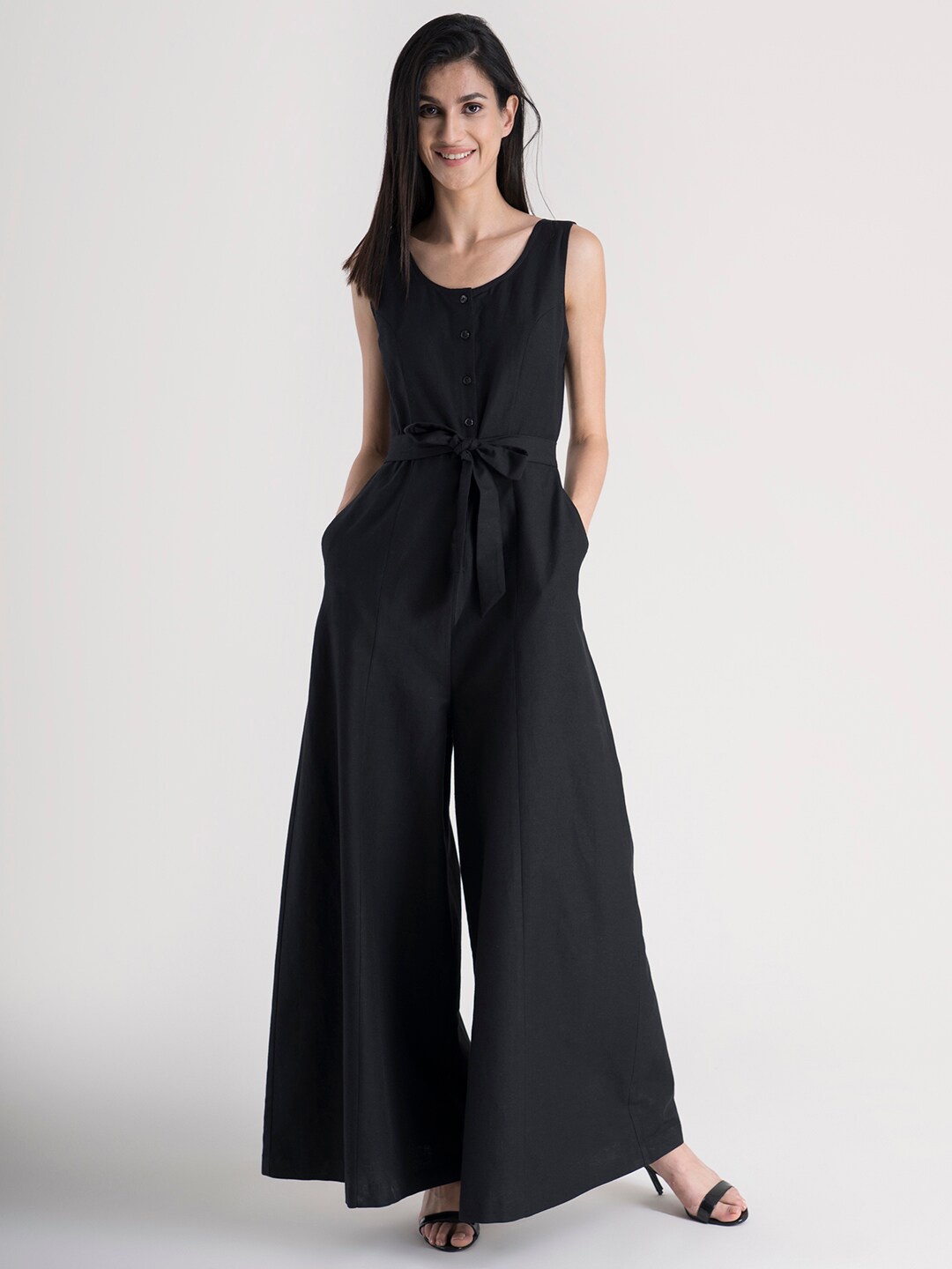 

FableStreet Women Black Solid Round Neck Casual Basic Jumpsuit with Waist Tie-ups