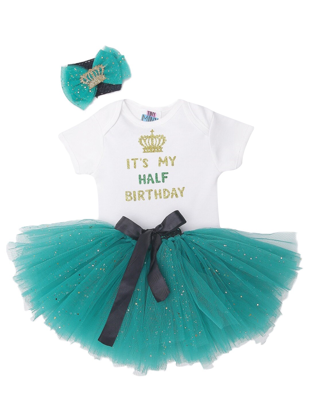 

TINY MINY ME Girls Green & White Printed T-shirt with Skirt