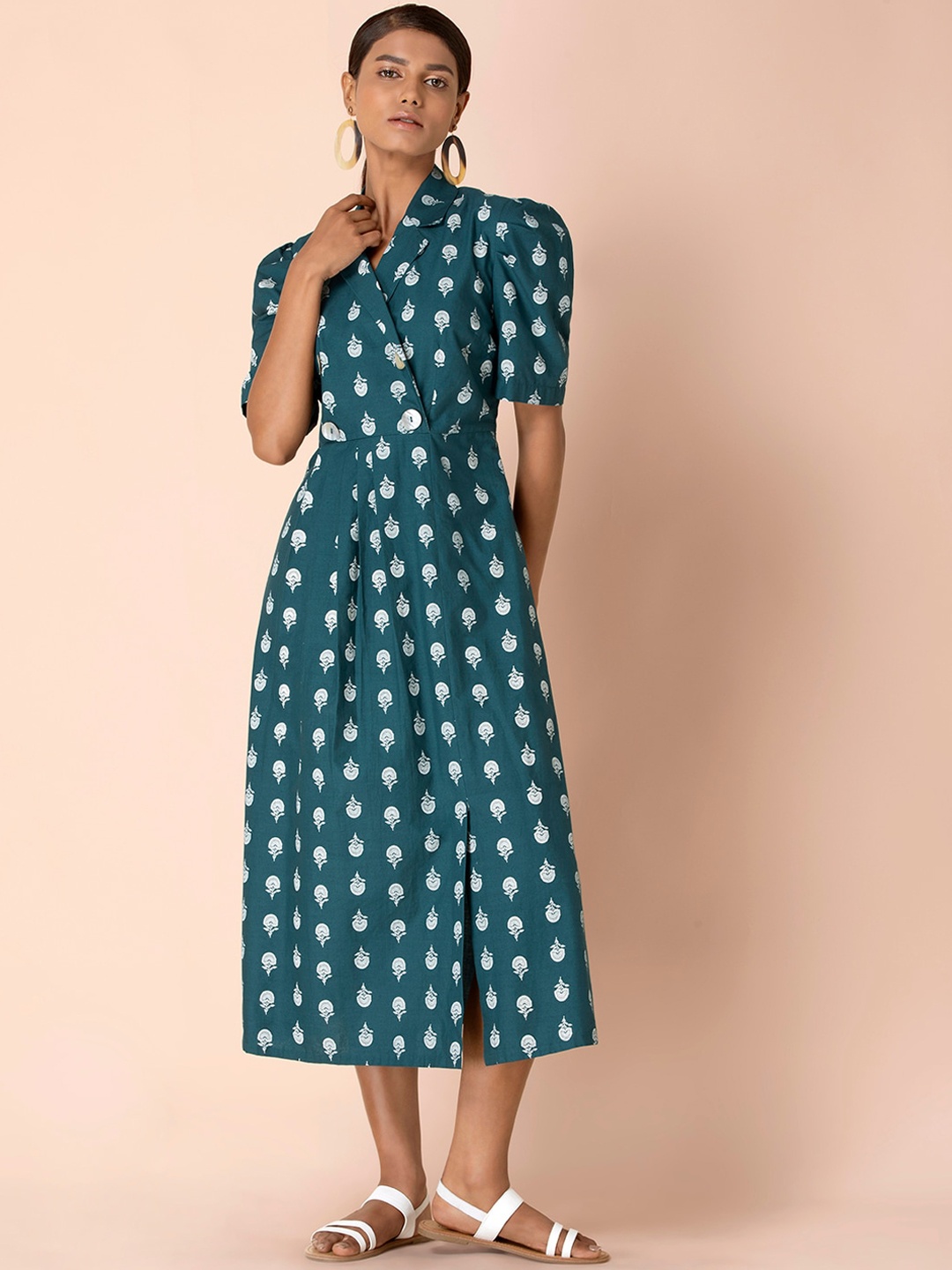 

Earthen BY INDYA Teal Boota Double Breasted A-Line Dress