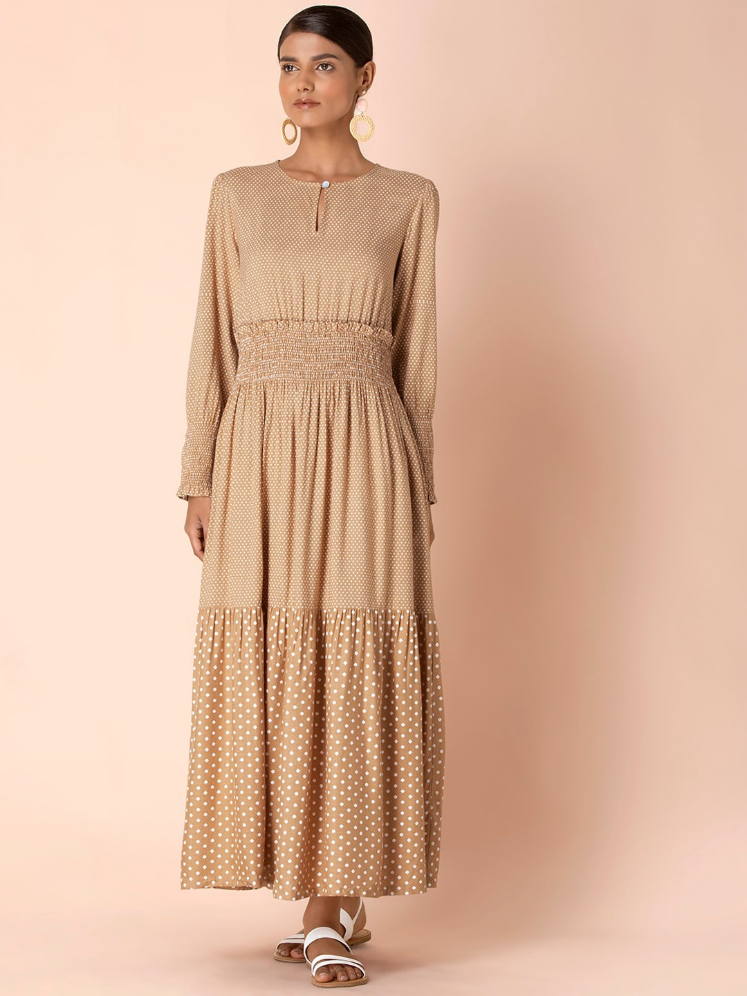 

Earthen BY INDYA Beige Polka Smocked Maxi Dress