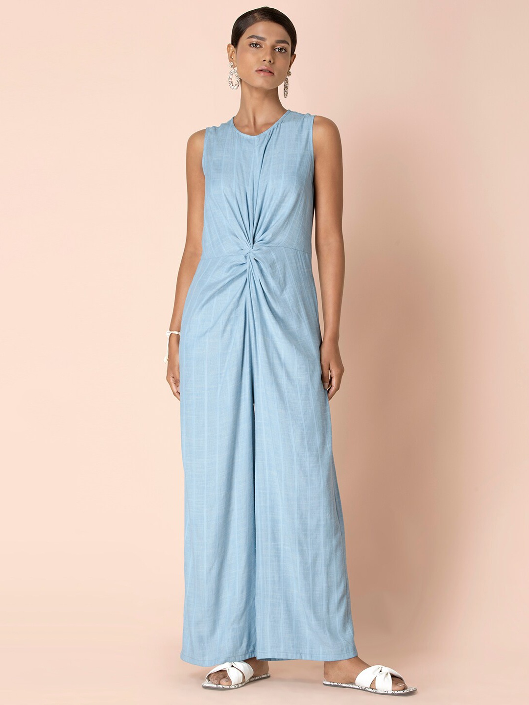 

Earthen BY INDYA Light Blue Striped Knotted Jumpsuit