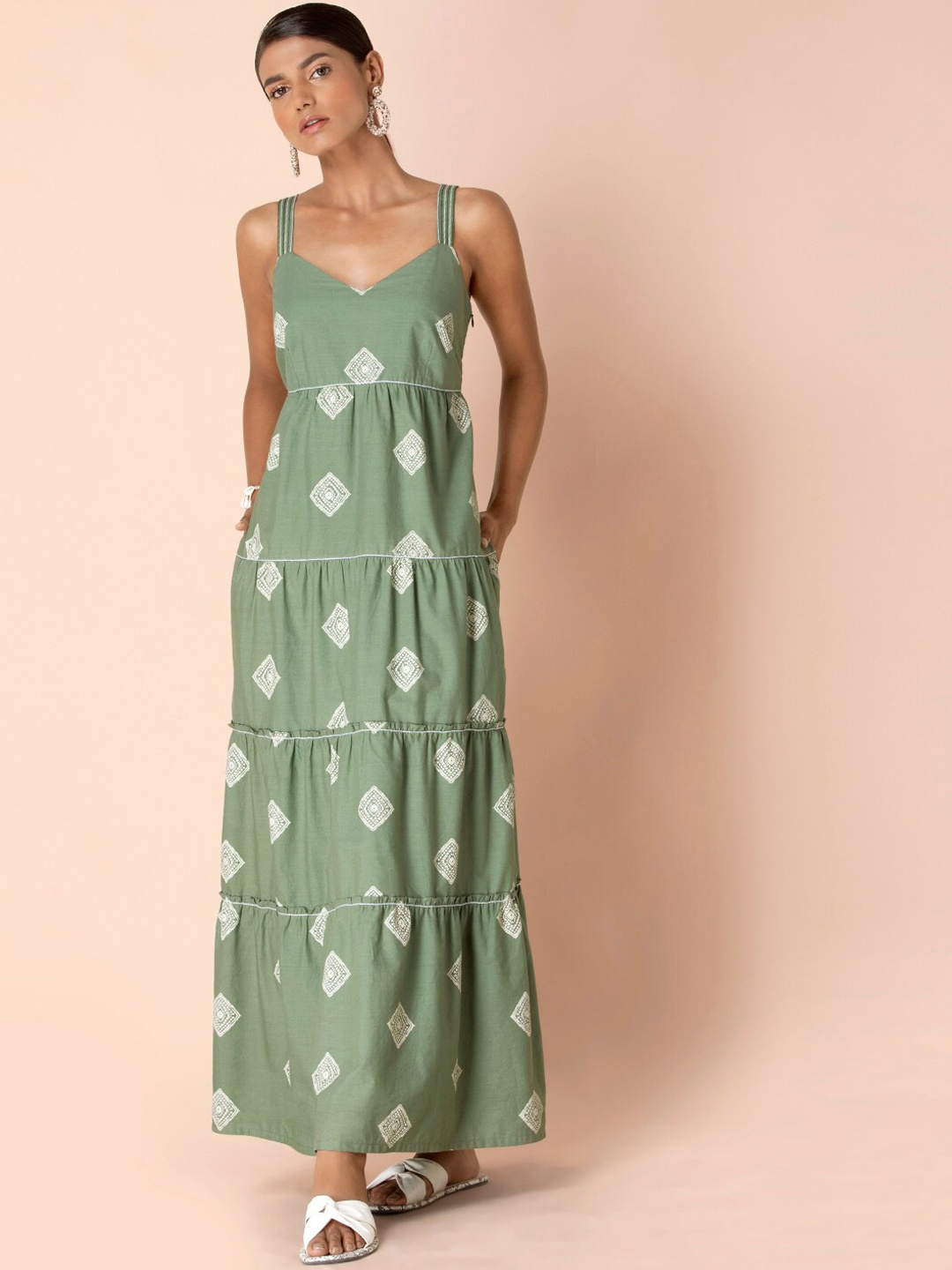 

Earthen BY INDYA Green Tribal Tiered Maxi Dress