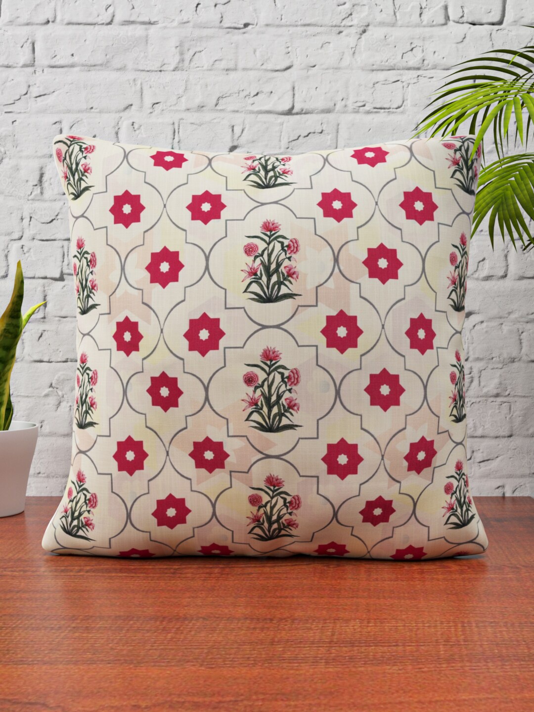 

HAPPY HUES Single Cream-Coloured & Pink Floral Square Cushion Cover