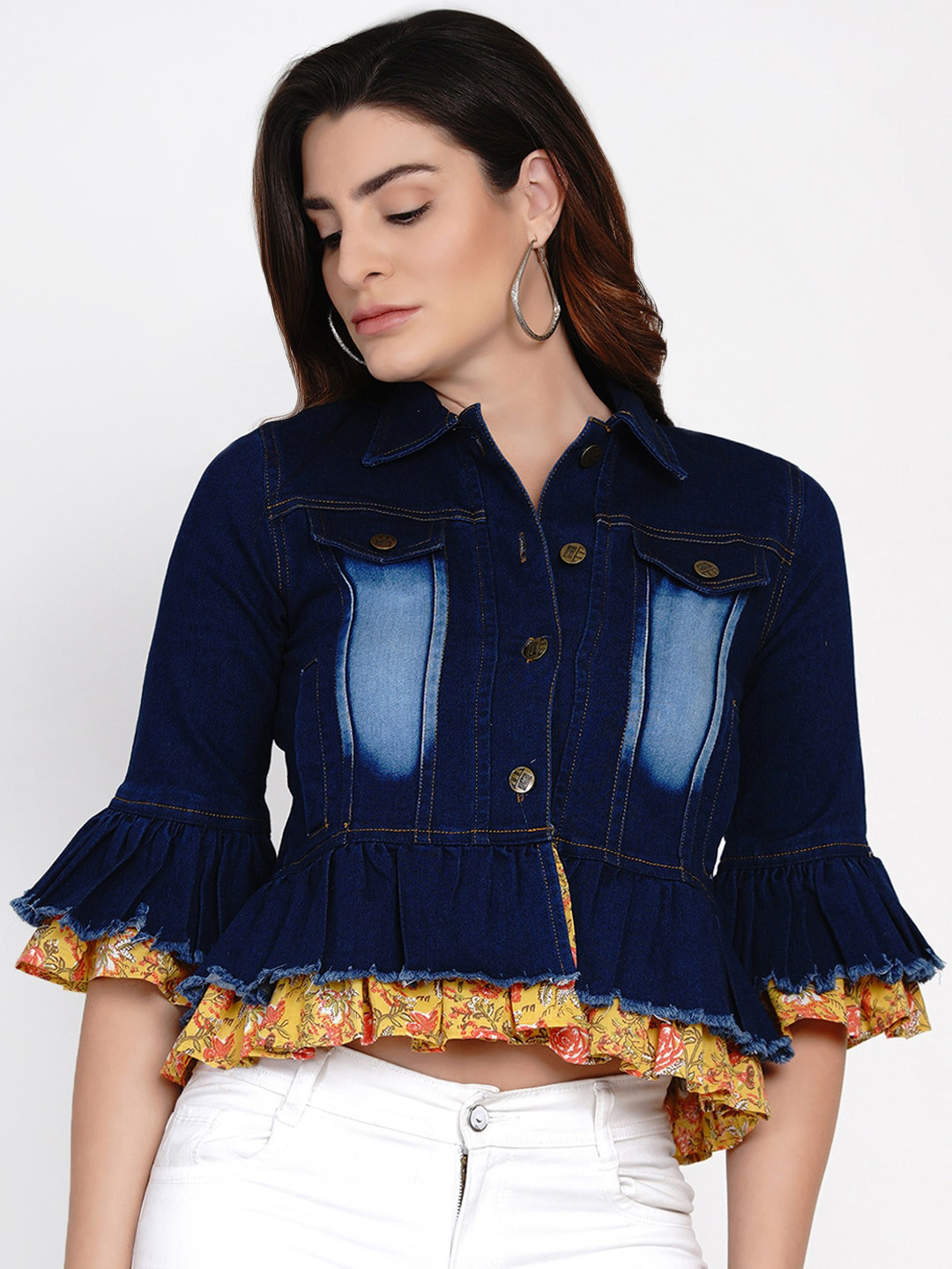 

Bhama Couture Women Blue Yellow Washed Lightweight Crop Denim Bohemian Jacket