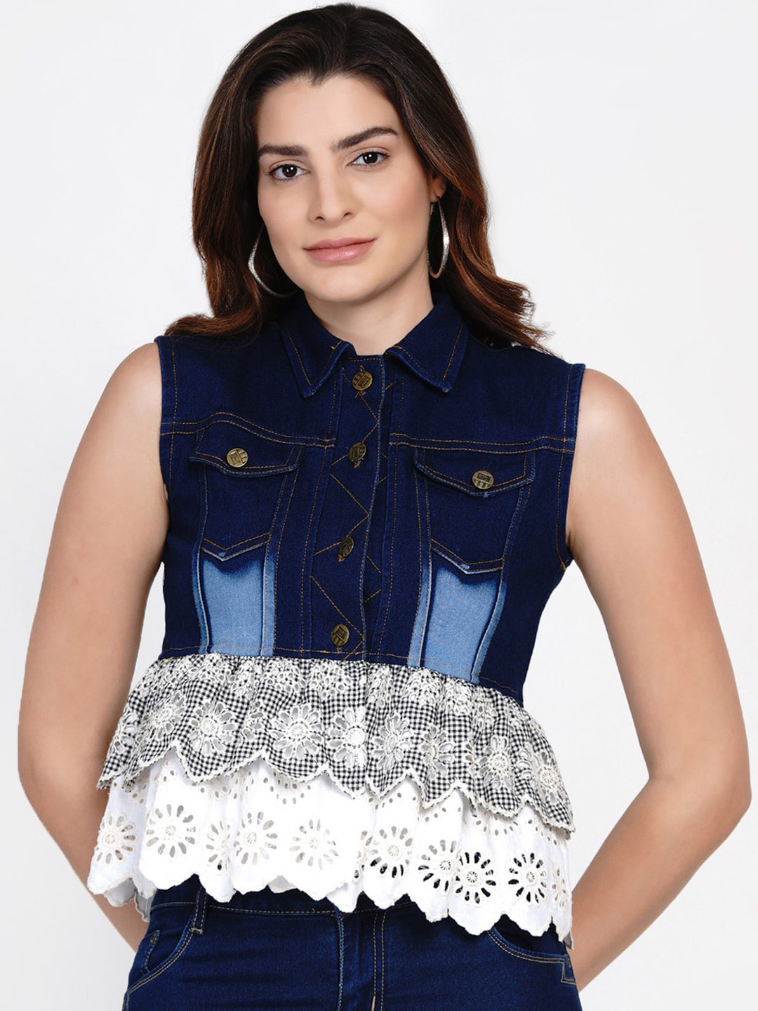 

Bhama Couture Women Blue White Washed Lightweight Crop Peplum Denim Bohemian Jacket