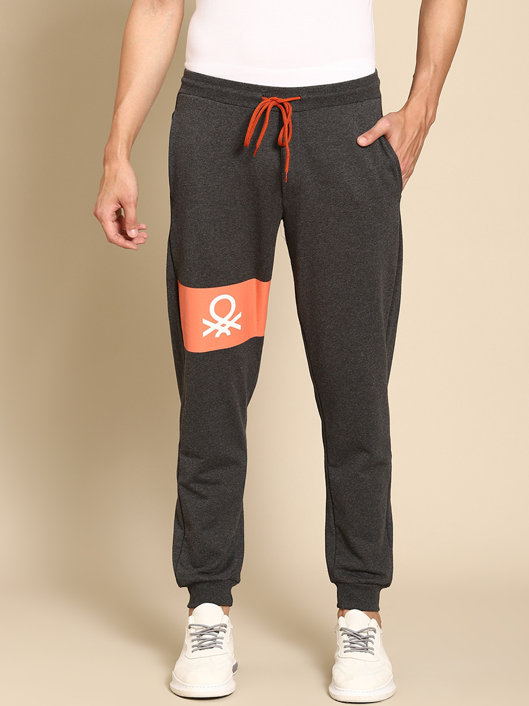 

United Colors of Benetton Men Charcoal Grey & Orange Brand Logo Print Joggers