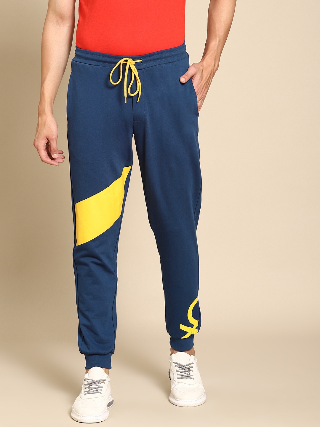 

United Colors of Benetton Men Navy Blue & Yellow Colourblocked Pure Cotton Joggers