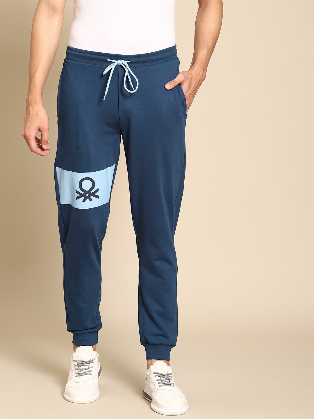 

United Colors of Benetton Men Blue Brand Logo Print Joggers, Navy blue