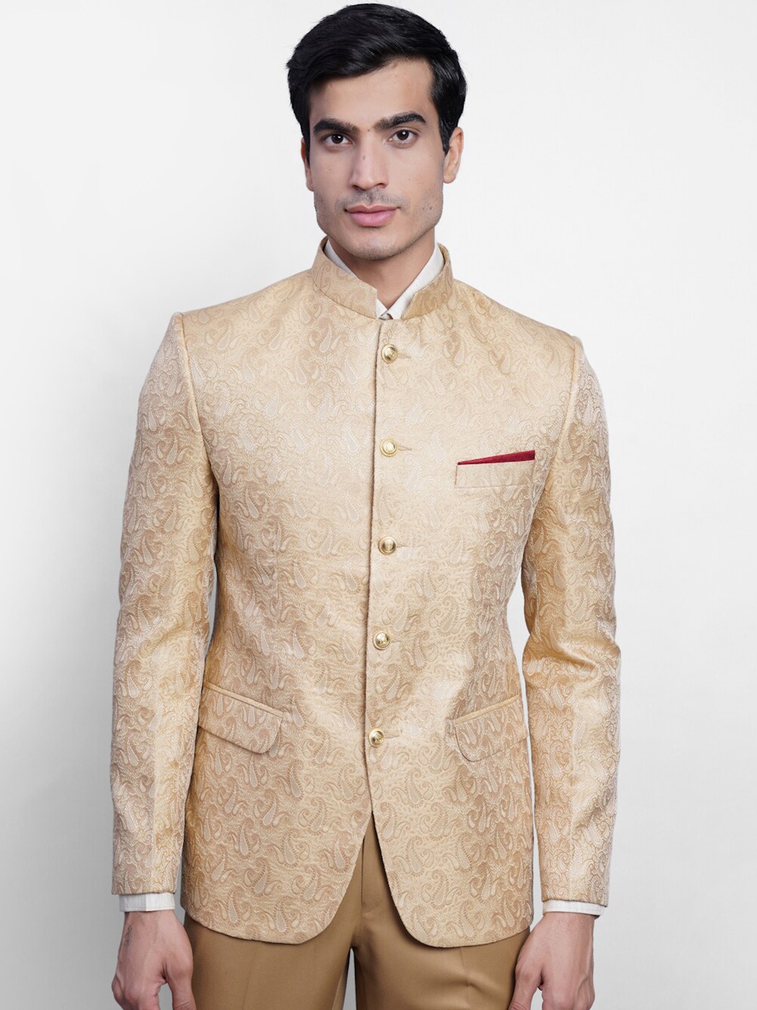 

Wintage Men Beige & White Self Design Bandhgala Ethnic Blazer