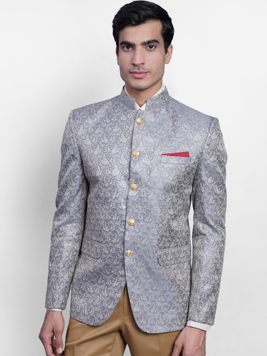 

Wintage Men Grey & Silver-Coloured Woven-Design Banarasi Bandhgala Party Blazer
