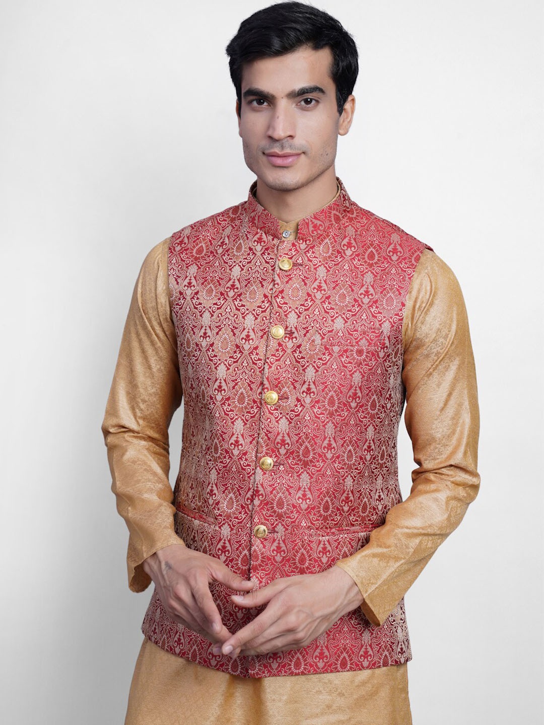 

Wintage Men Red & Off White Woven-Design Banarasi Nehru Jacket