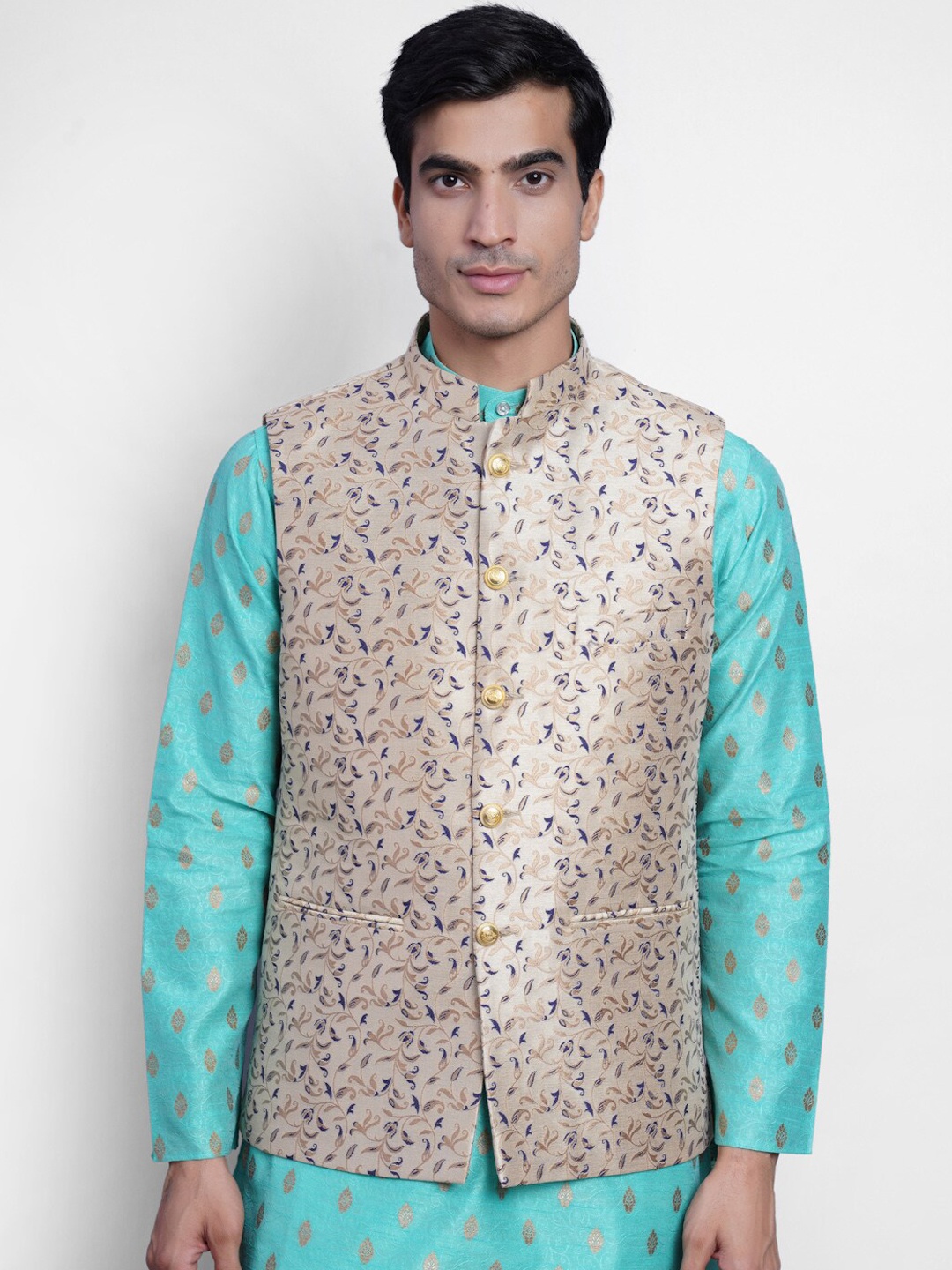 

Wintage Men Beige & Blue Printed Woven-Design Banarasi Nehru Jacket