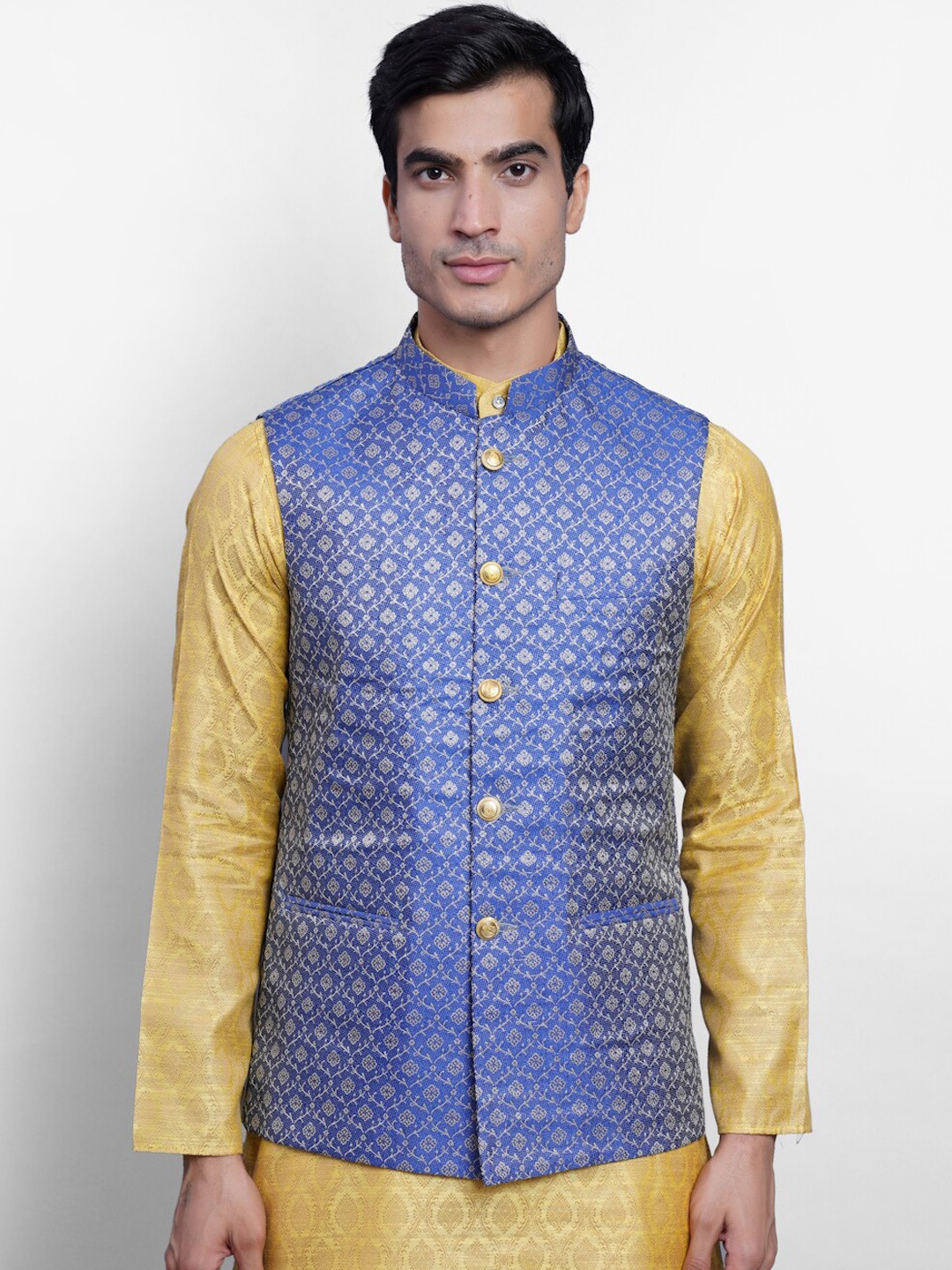 

Wintage Men Blue & Cream-Coloured Woven-Design Banarasi Nehru Jacket