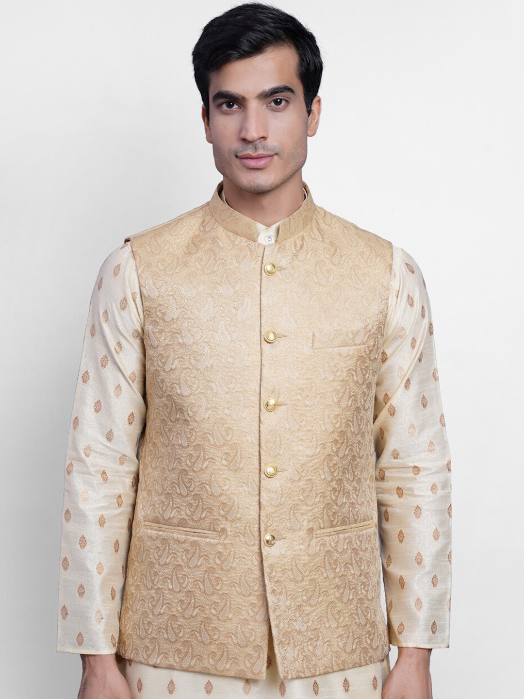 

Wintage Men Beige Self-Design Banarasi Woven Nehru Jacket