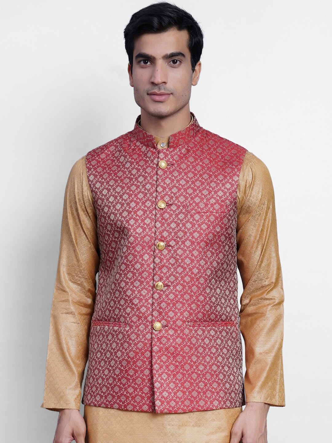 

Wintage Men Red & Grey Woven Design Banarasi Nehru Jacket