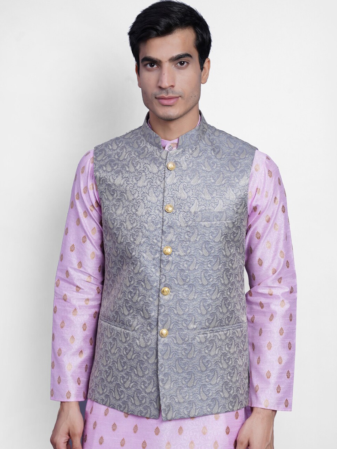 

Wintage Men Grey & Violet Woven-Design Banarasi Nehru Jacket