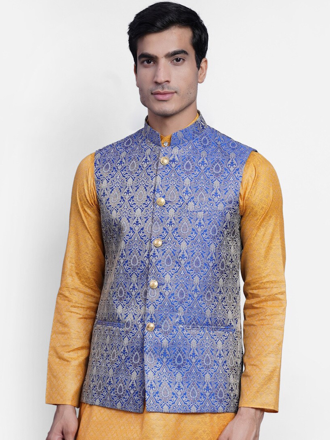 

Wintage Men Blue & Off White Woven-Design Banarasi Nehru Jacket