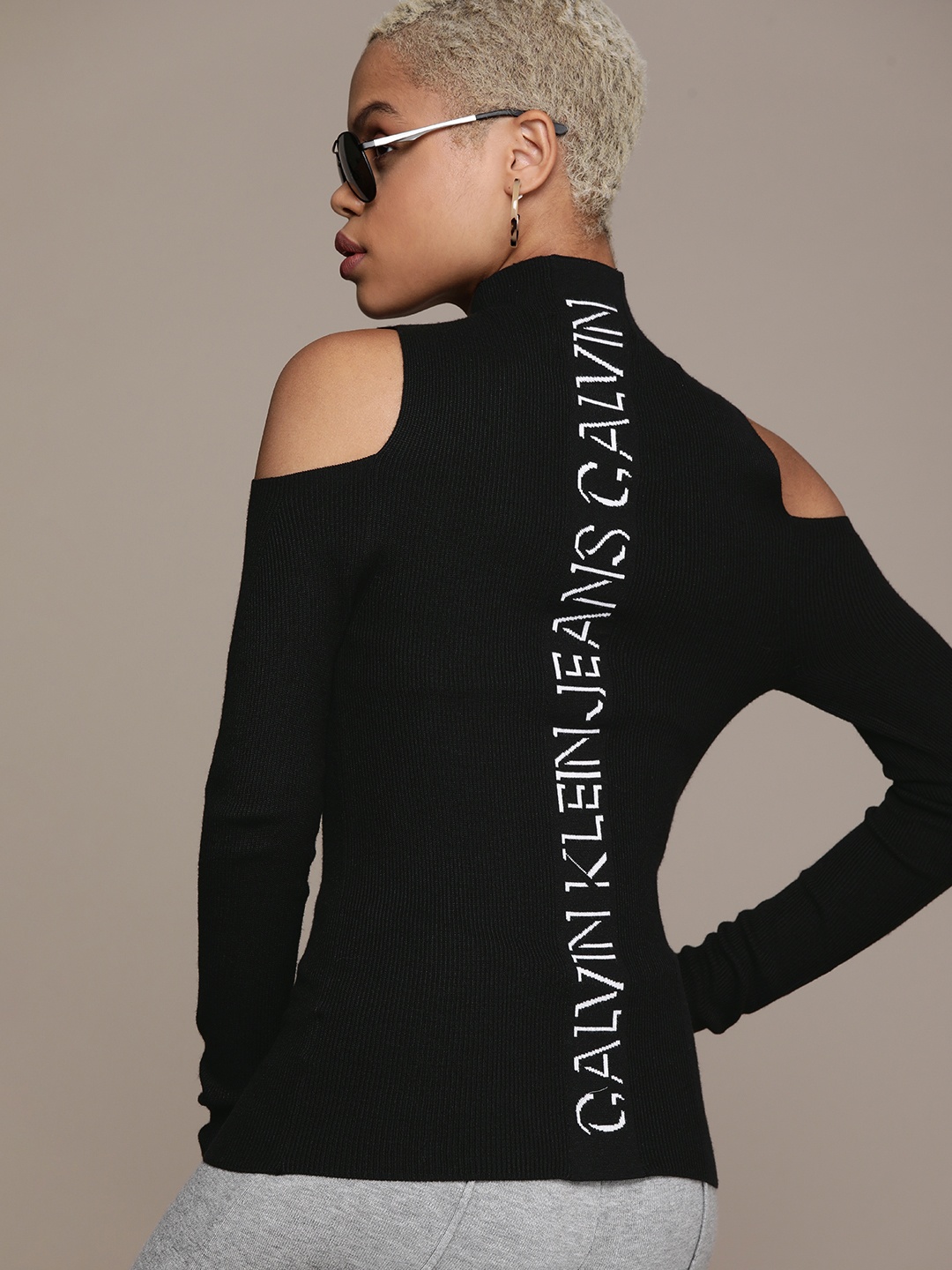 

Calvin Klein Jeans Women Black Ribbed Cold Shoulder Sleeves Pullover Sweater