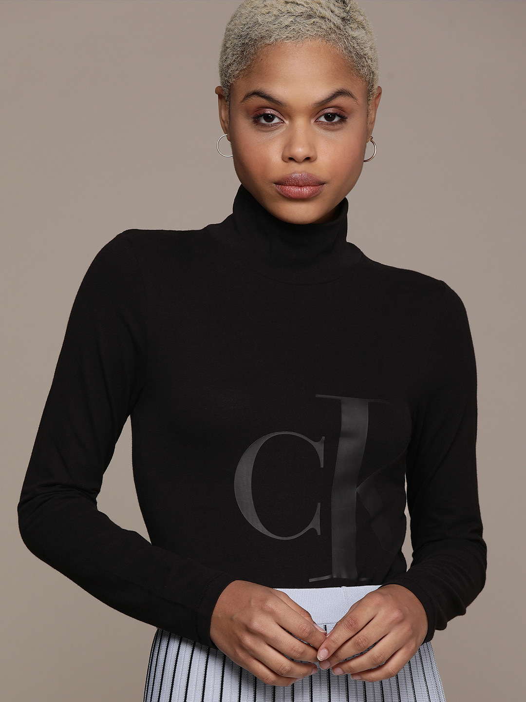 

Calvin Klein Jeans Women Black Brand Logo High Neck Slim Fit T-shirt