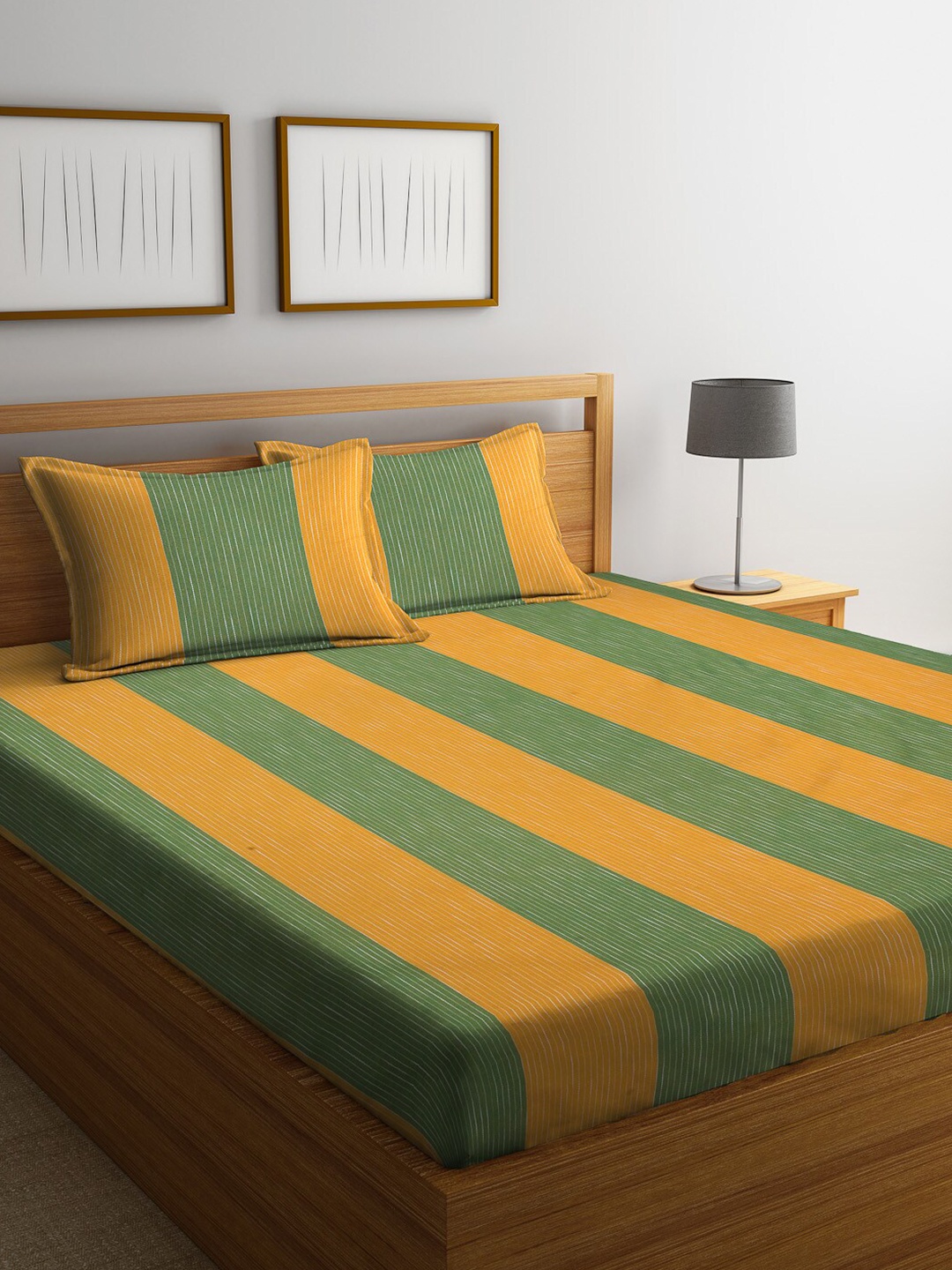 

Arrabi Green & Yellow Striped 300 TC King Bedsheet with 2 Pillow Covers